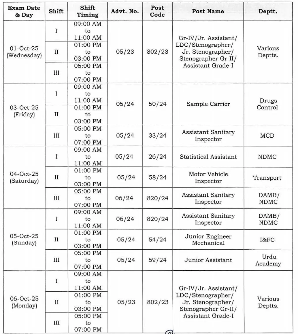 DSSSB Exam Calendar