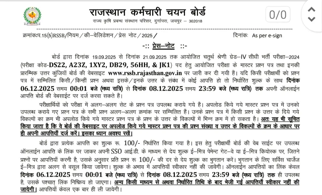 Rajasthan Class IV Objection Date 2025