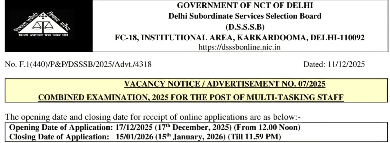 DSSSB MTS Vacancy 2026 Last Date